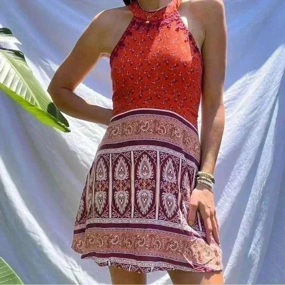 Alya Francesca's orange print Dresses Y2K Boho Ryan Embroderied Lotus Halter M